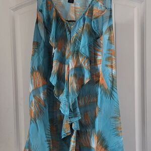 Ashley Stewart Turquoise and Orange Ruffle Front Blouse